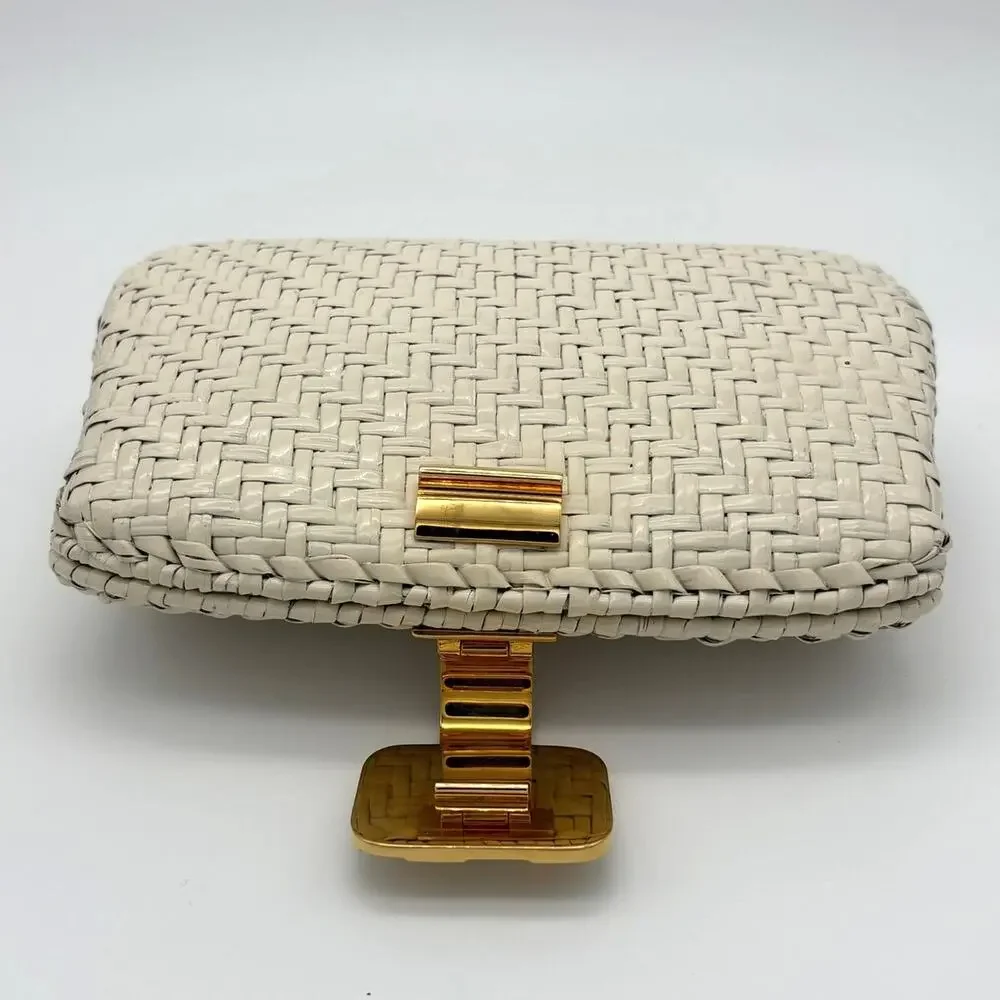 Rodo Italy Woven Cane Leather Box Clutch Ivory Gold Tone Vintage Bag